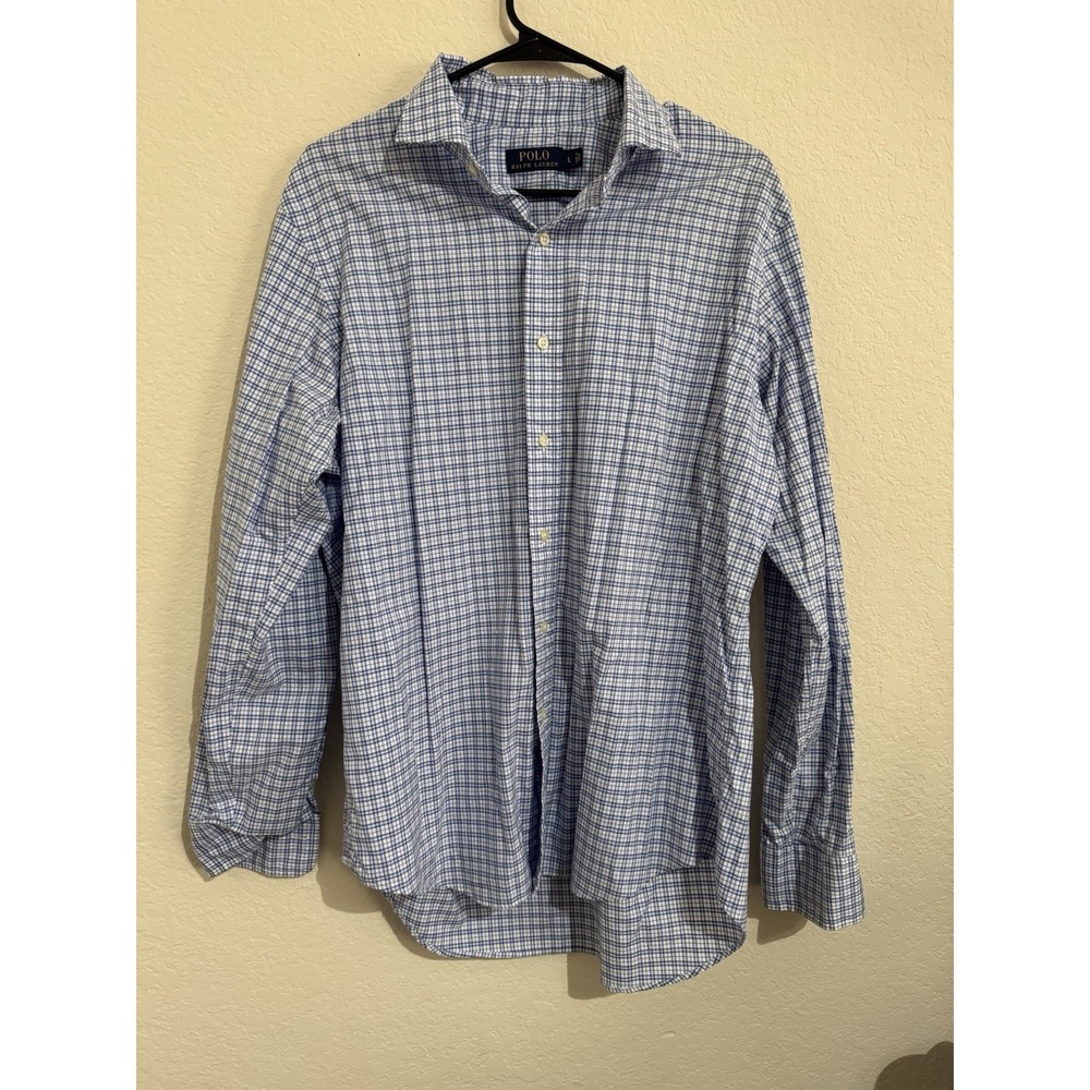 Polo Ralph Lauren Mens Blue White Plaid Tattersall Button Down Shirt Large